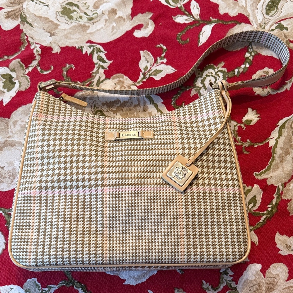 Lauren Ralph Lauren Houndstooth Shoulder Bag in Tan and Pink